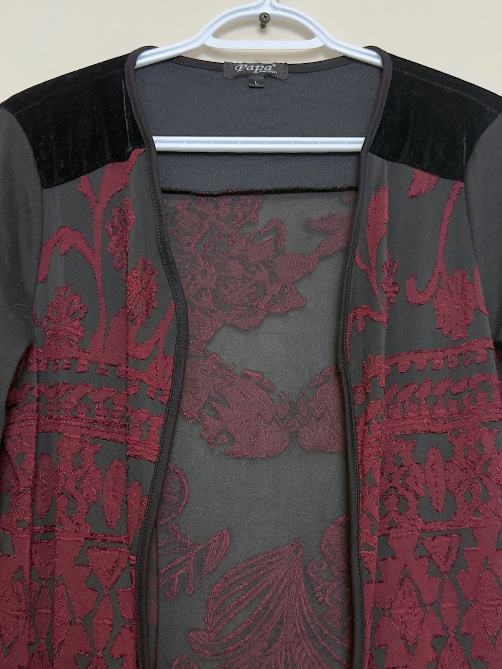 Papa Vancouver Black Burgundy Sheer Floral Overlay Duster Cardigan Women’s Large - Picture 6 of 6